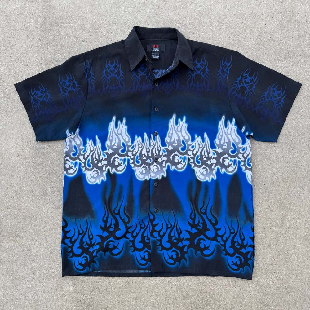 Emergency Exit Vintage Y2K Blue Tribal Flame Button Down Shirt
